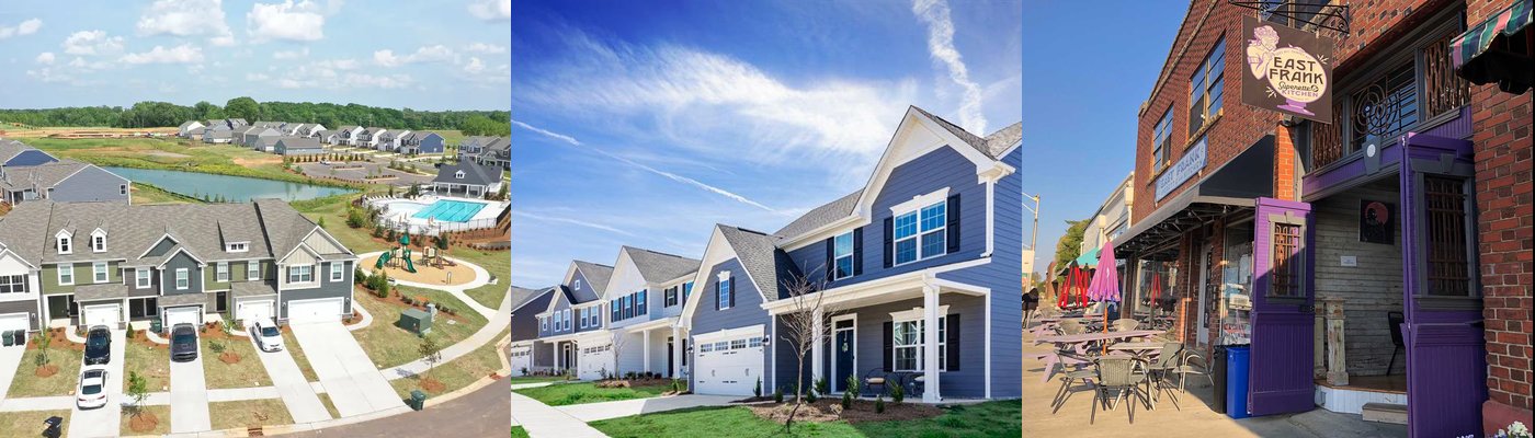 Fotos reales de Indian Trail, NC — vista aérea de vecindarios, casas nuevas y el centro histórico